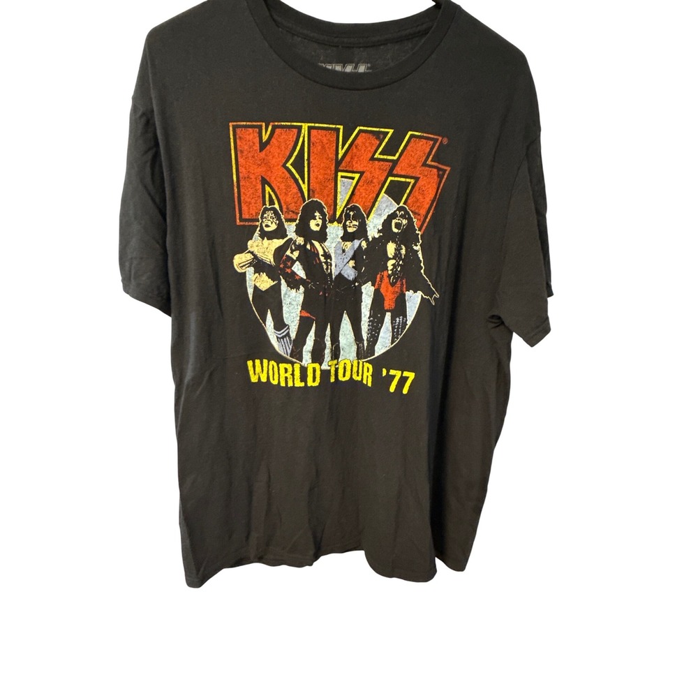 KISS World Tour 77 Graphic T-Shirt Mens XL Black Short Sleeve Rock Band Tee 2021